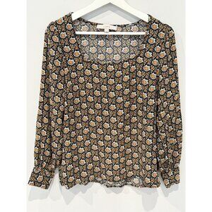 Loft Top Womens Peasant Cottageocre Floral Old Money Romantic Black Orange Sz S